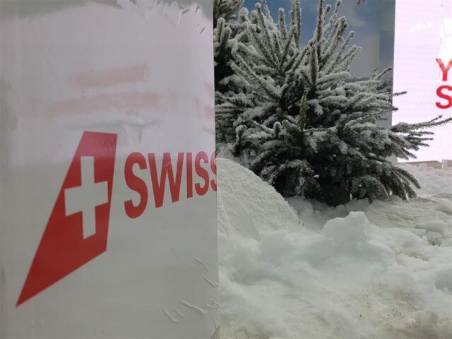 Snow and fir trees and Swiss logo